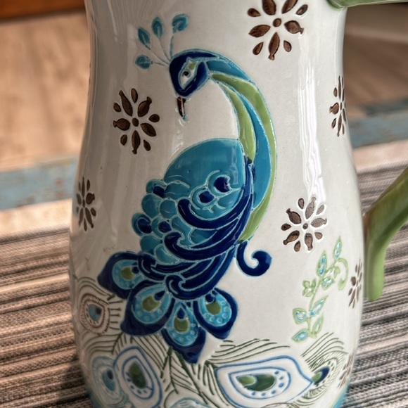 Dutch Wax Hand Painted Peacock Floral Pitcher Coastline Import - Picture 2 of 5